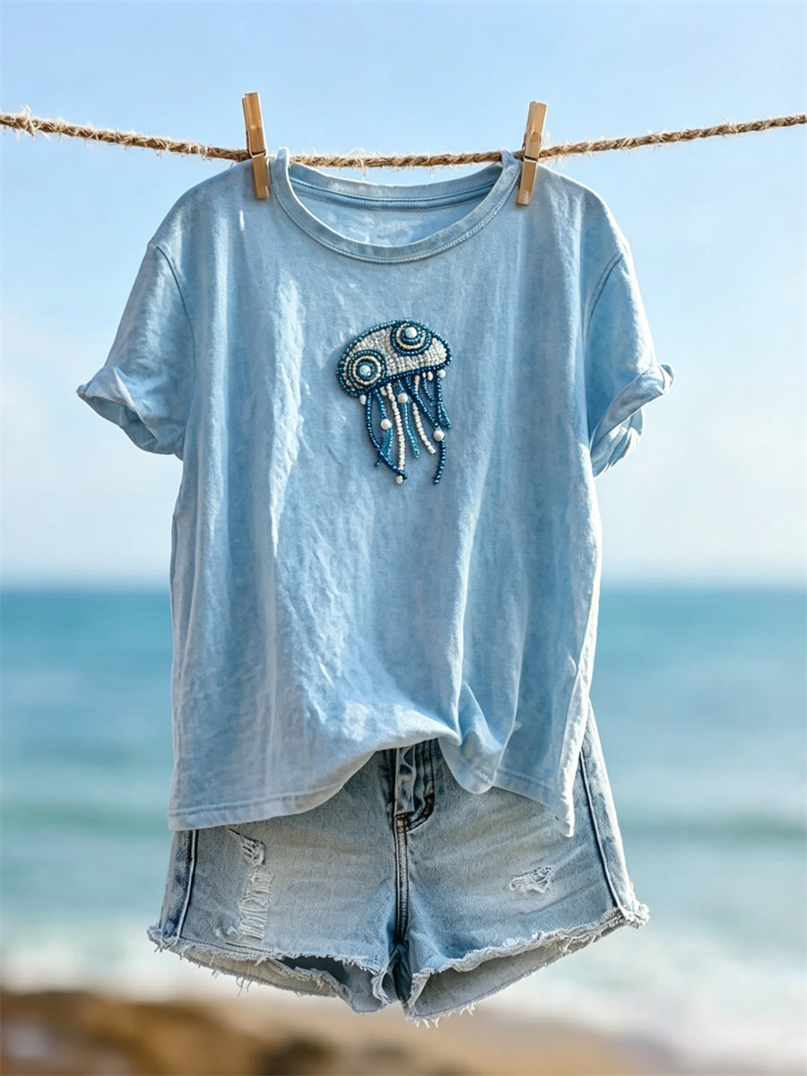 Kvinders dejlige Jellyfish Beaded Art Print Print Udskriv kortærmet T-shirt