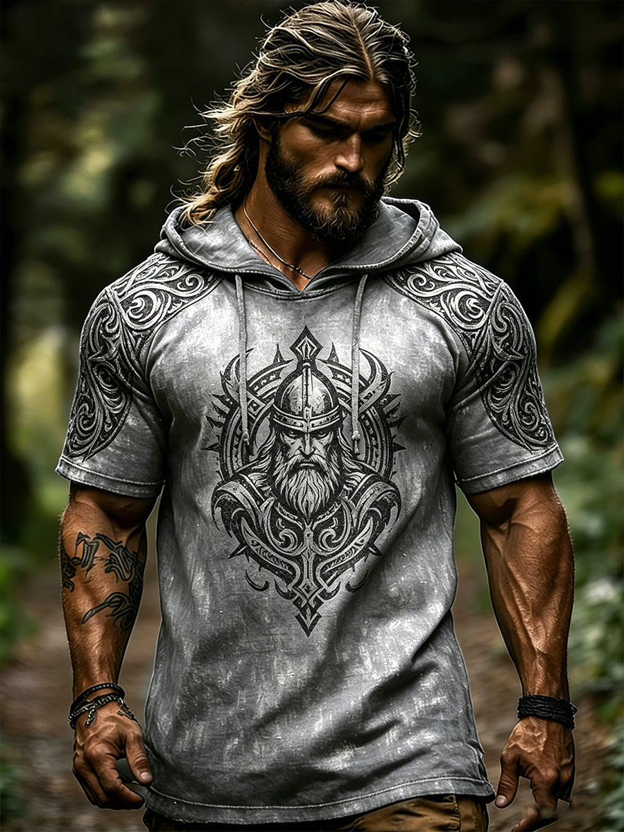 Mænds Retro Viking-tema trykt Casual Short-Sleeve Hoodies