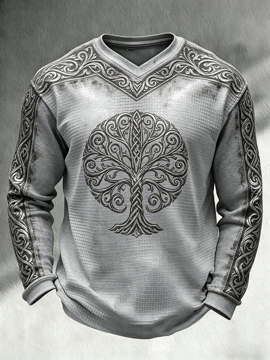 Mænds Retro Viking-tema Print Casual Vaffel-Knit V-hals langærme øverst