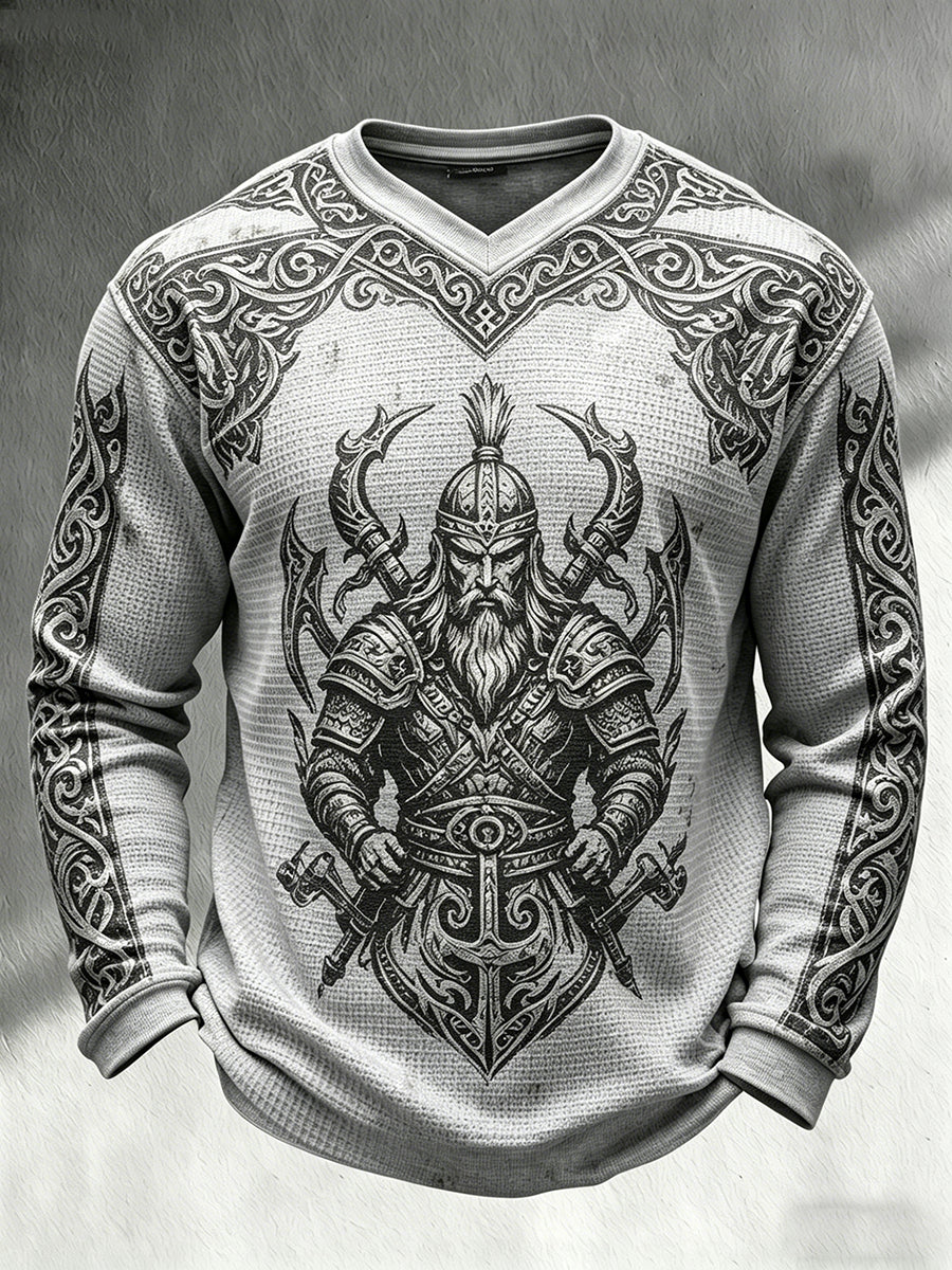 Mænds retro vikingetema print afslappet top med v-krave og lange ærmer i vaffelstrik