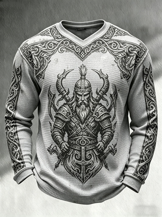 Mænds retro vikingetema print afslappet top med v-krave og lange ærmer i vaffelstrik
