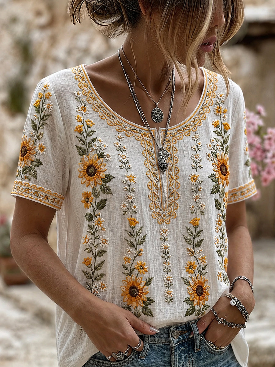 Kvinders vintage blomstermotiv kunsttryk afslappet top i bomuld-linен