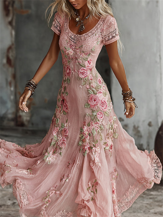Kvinders Vintage lyserøde roser kunst print Flowy Maxi Kjole