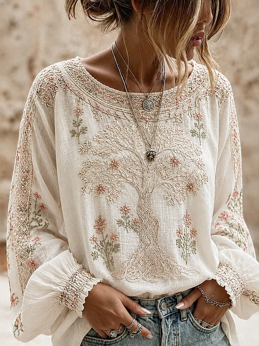 Kvinders vintage blomstermotiv kunsttryk afslappet top i bomuld-linен