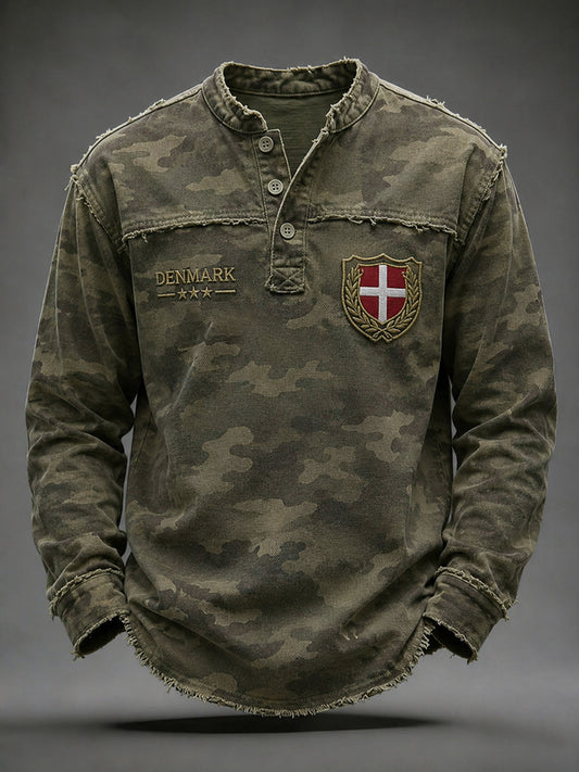 Mænds Retro Camouflage Print Casual V-hals langærme øverst