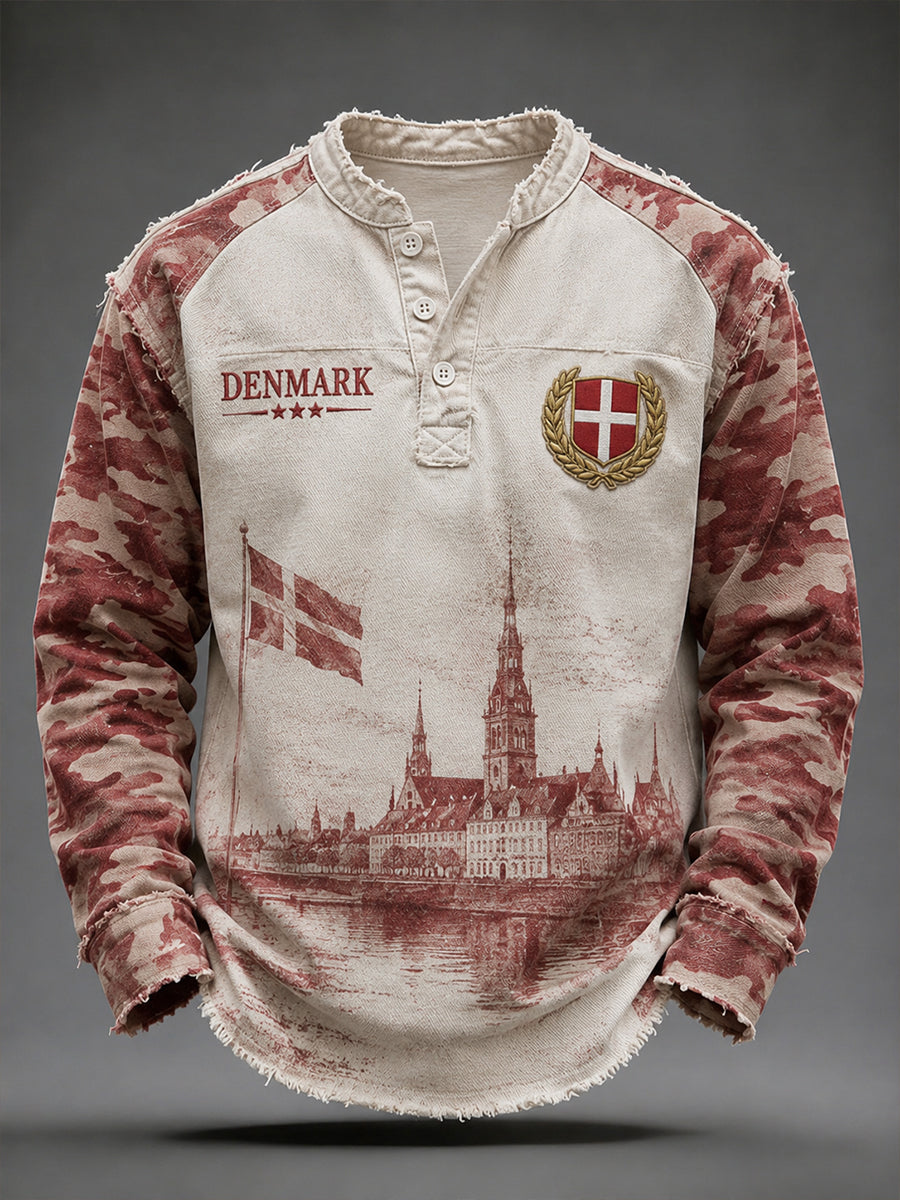 Mænds retro camouflageprint afslappet top med V-udskæring og lange ærmer