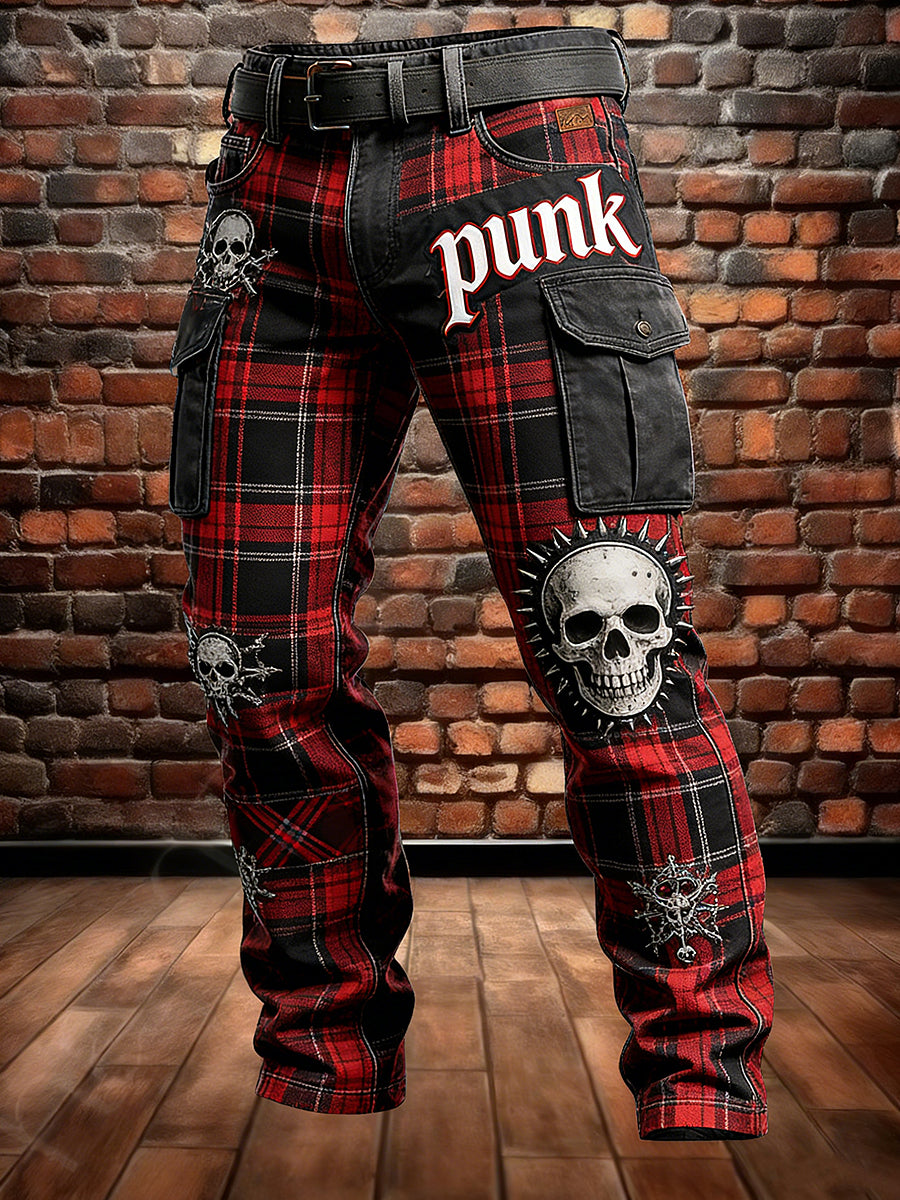 Mænds retro ferie-, business- og punk-stil bukser med dødshoved-print, afslappet arbejdstøj