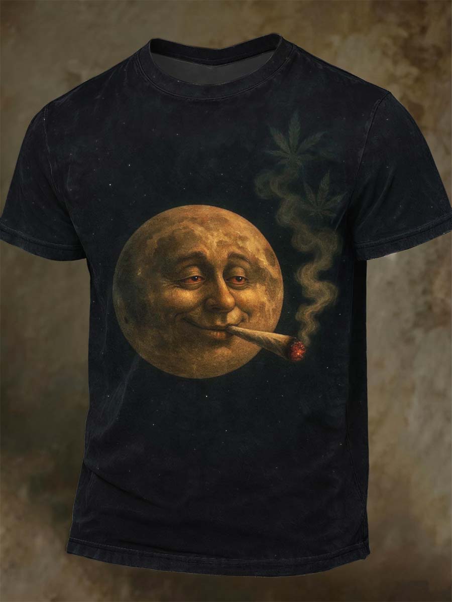 “Rygende Moon” Print Casual kortærme T-shirt