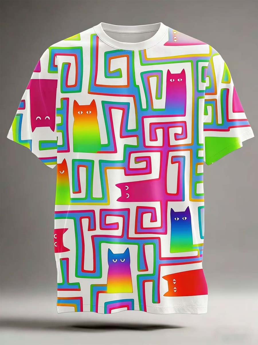 Sort kat labyrint Print Casual Short-ærme T-shirt