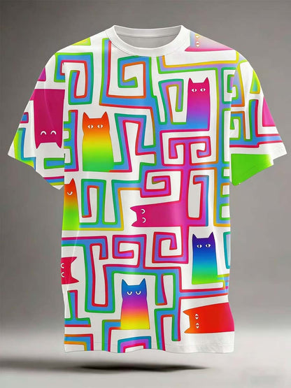 Sort kat labyrint Print Casual Short-ærme T-shirt
