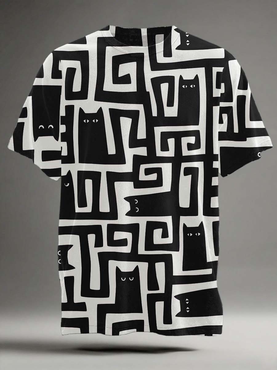 Sort kat labyrint Print Casual Short-ærme T-shirt