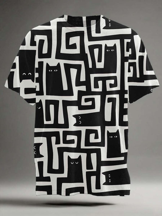 Sort kat labyrint Print Casual Short-ærme T-shirt