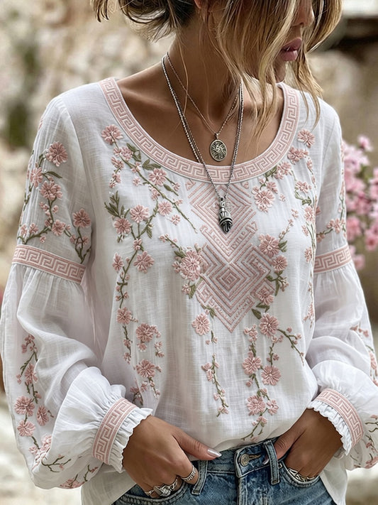 Kvinders vintage blomstermotiv kunsttryk afslappet top i bomuld-linен