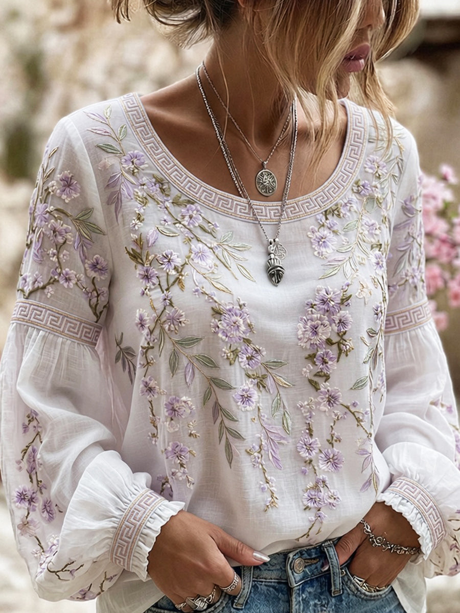 Kvinders vintage blomstermotiv kunsttryk afslappet top i bomuld-linен