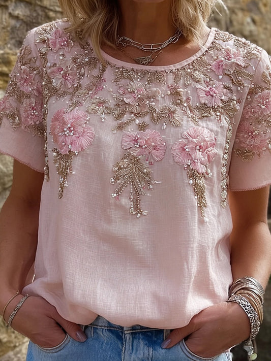 Kvinders vintage blomsterkunstprint afslappet t-shirt
