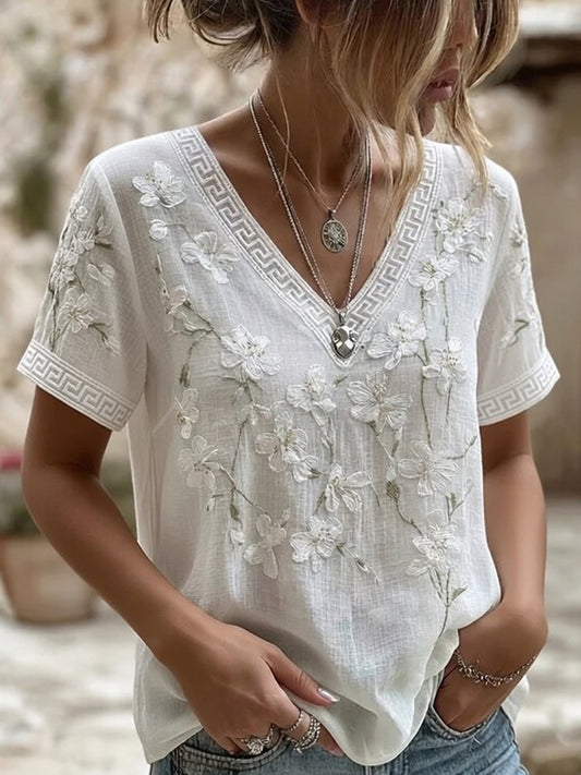 Kvinders retro broderet blomsterkunstprint afslappet komfort-T-shirt