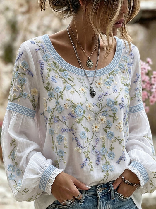 Kvinders vintage blomstermotiv kunsttryk afslappet top i bomuld-linен