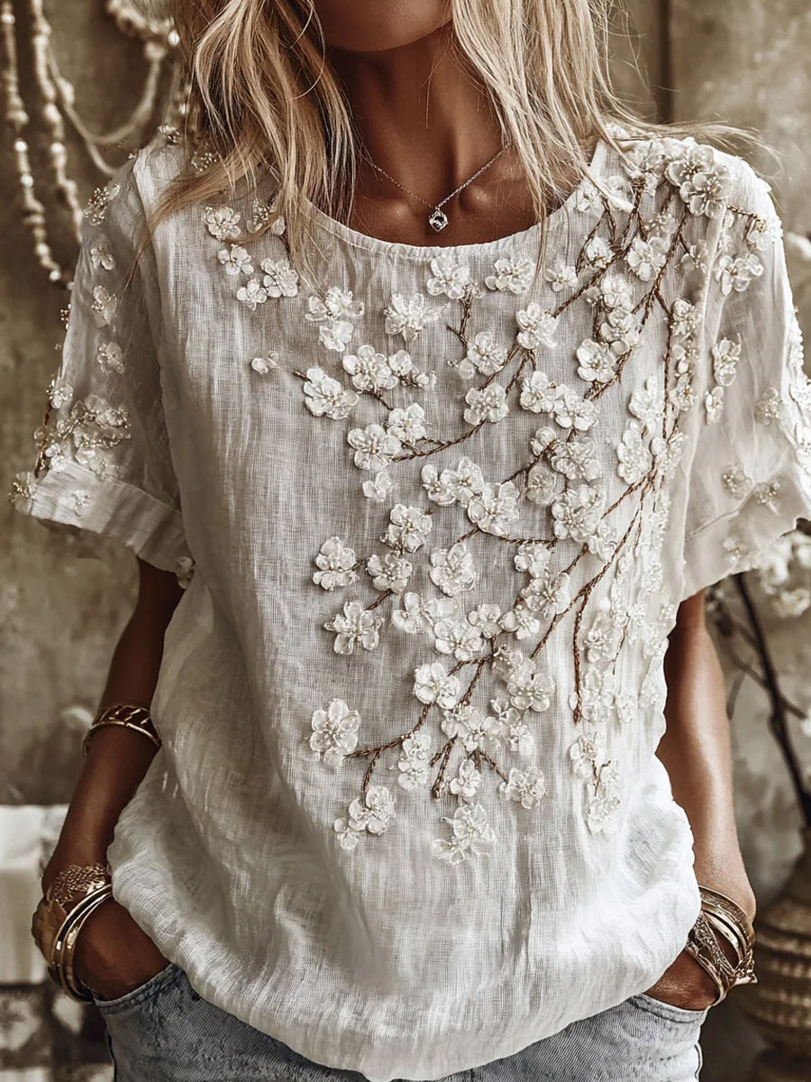 Kvinders vintage blomsterkunstprint afslappet t-shirt