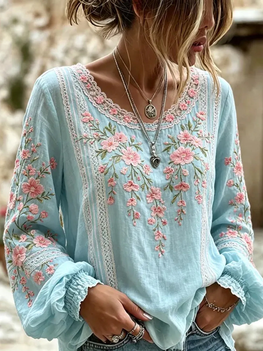 Kvinders vintage blomstermotiv kunsttryk afslappet top i bomuld-linен