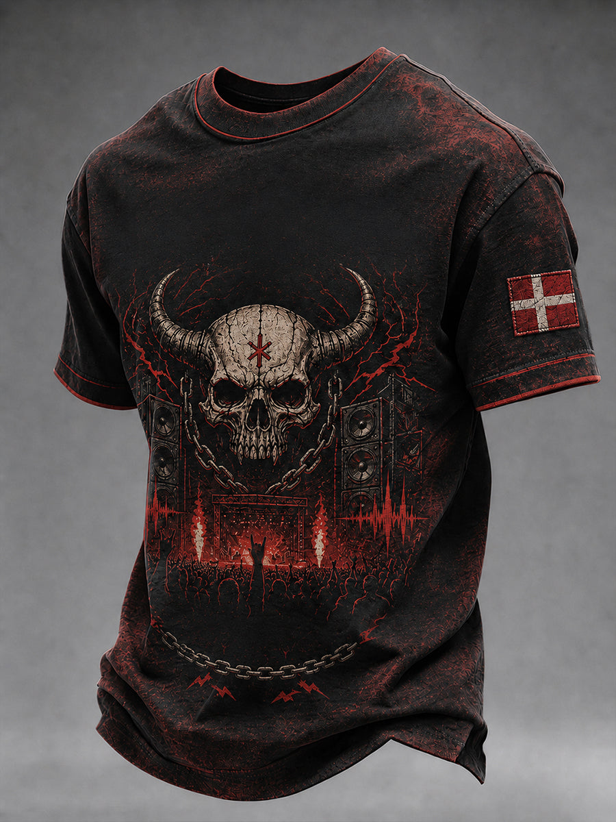 Mænds -musikfestivalinspireret t-shirt i heavy metal-stil med tryk – afslappet stil