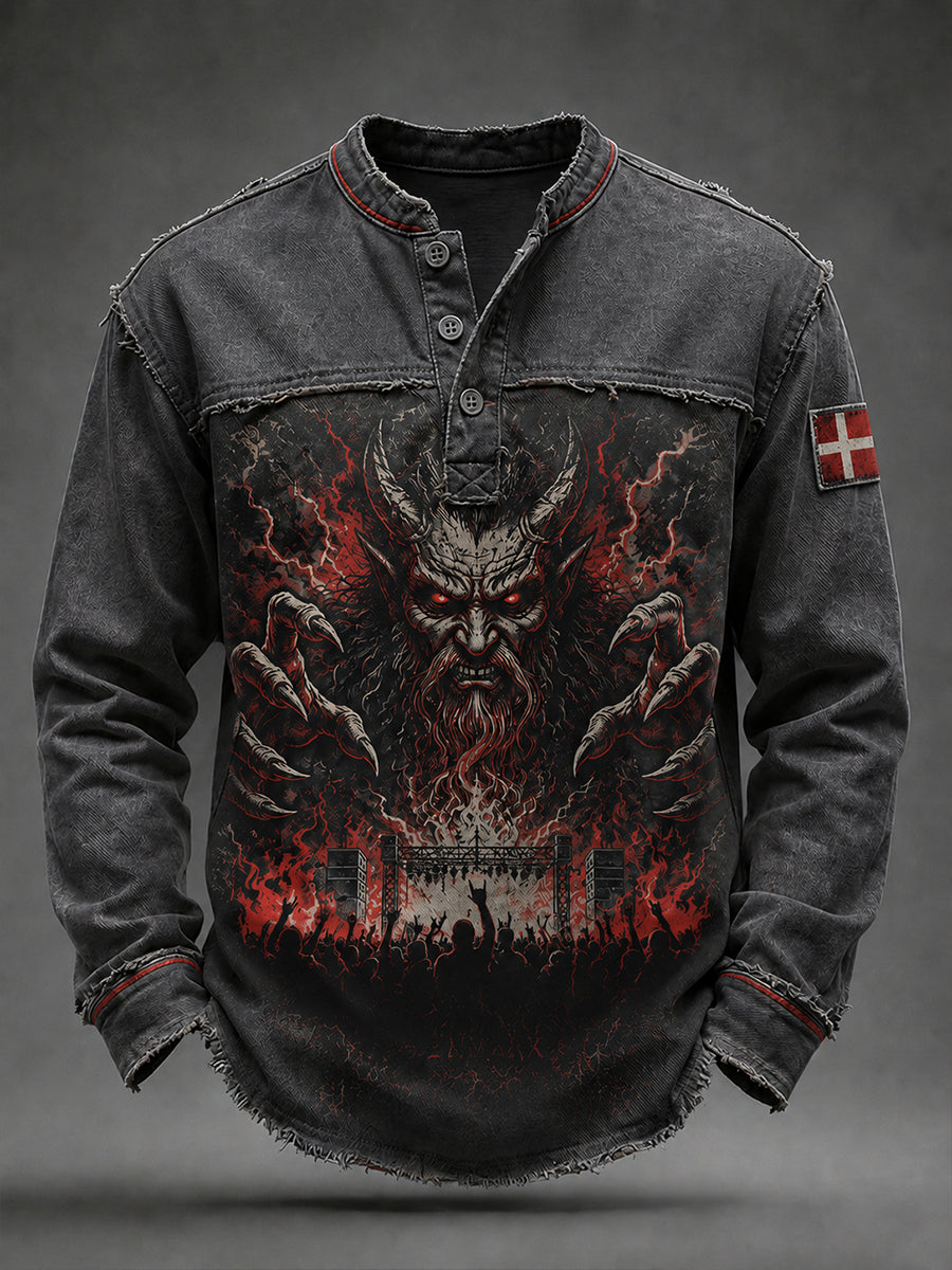 Herre-musikfestival-inspireret heavy metal-print afslappet langærmet top