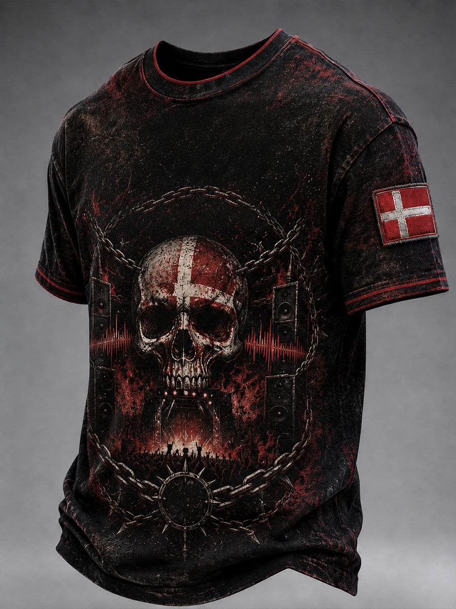 Mænds -musikfestivalinspireret t-shirt i heavy metal-stil med tryk – afslappet stil