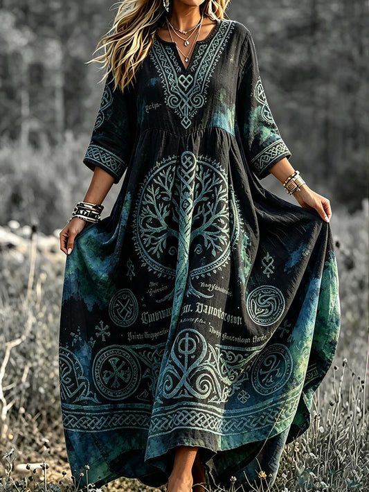 Kvinders Viking Style Nordic Art Printed Linen Kjole