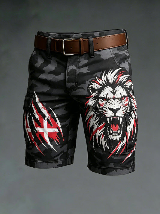 Mænds camouflage cargo-shorts med løveprint