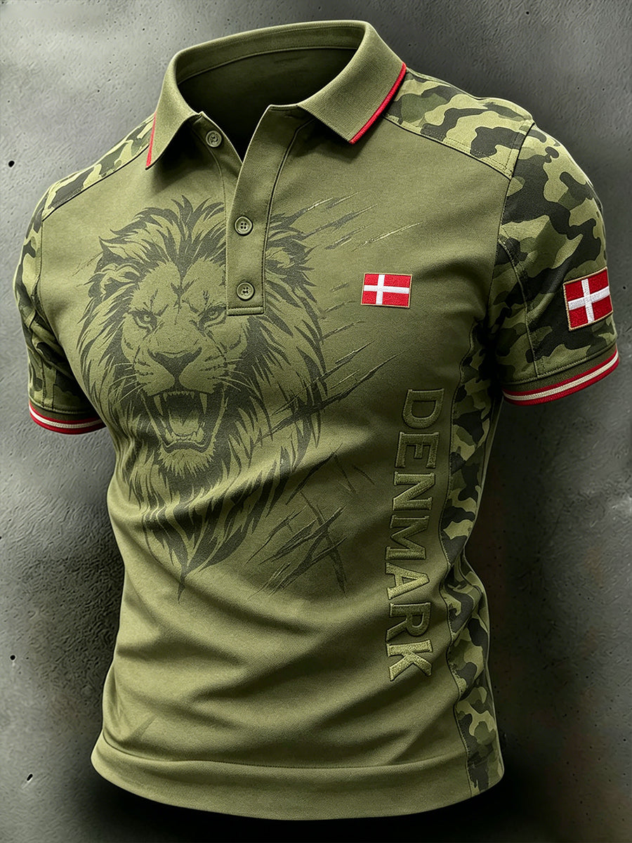 Mænds camouflage polo-skjorte med løveprint og korte ærmer