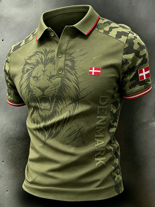 Mænds camouflage polo-skjorte med løveprint og korte ærmer