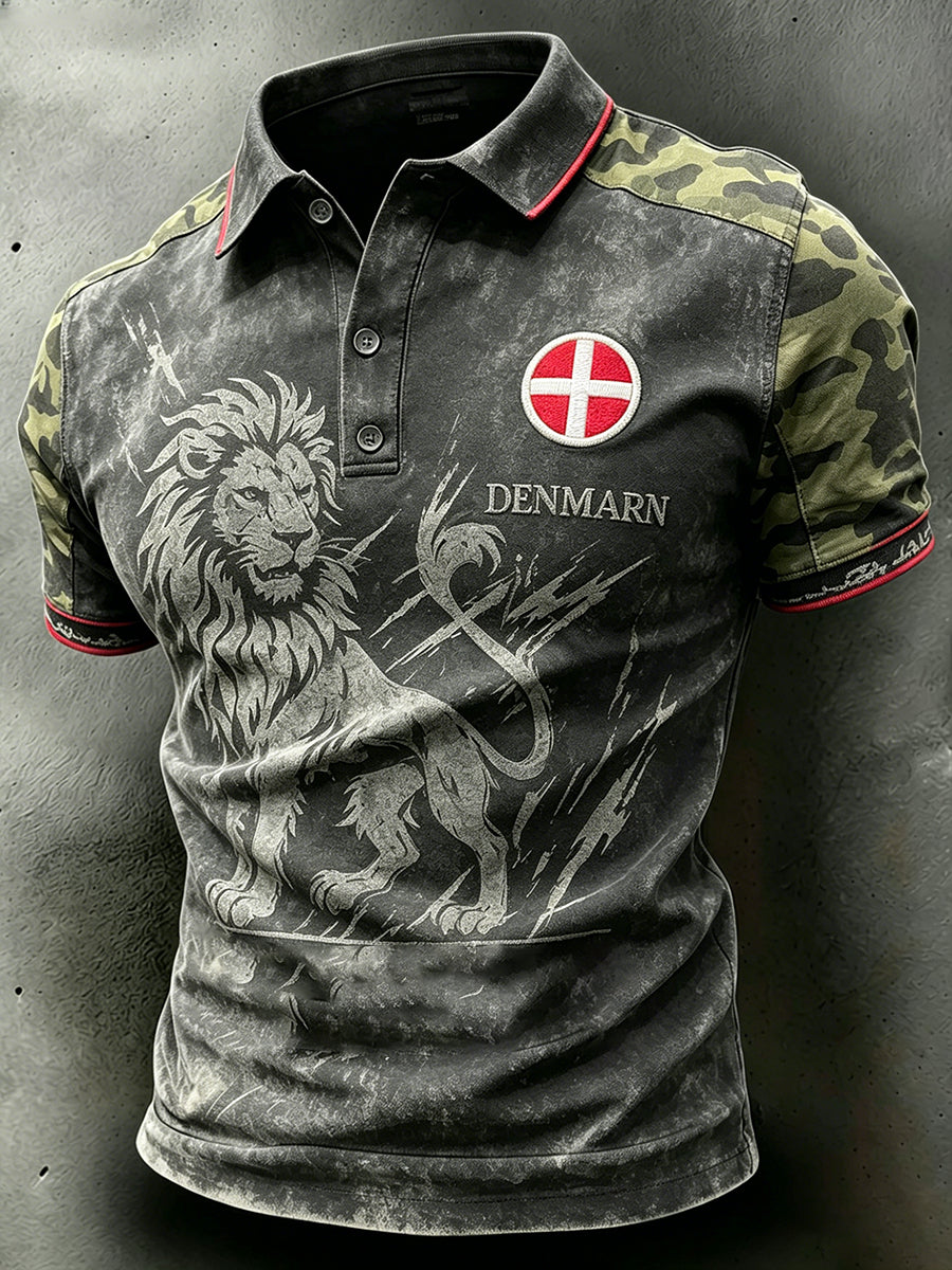 Mænds camouflage polo-skjorte med løveprint og korte ærmer