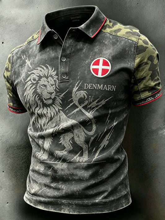 Mænds camouflage polo-skjorte med løveprint og korte ærmer