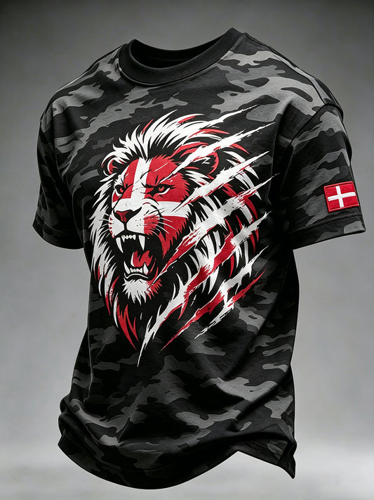 Mænds camouflage T-shirt med løveprint og korte ærmer