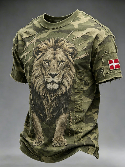 Mænds camouflage T-shirt med løveprint og korte ærmer