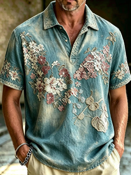 Retro abstrakt blomsterbroderi kunsttryk afslappet poloshirt