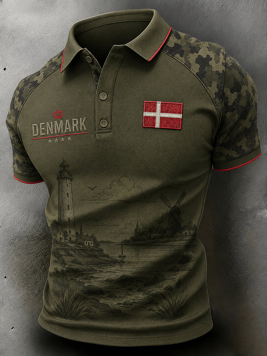 Mænds retro kamouflagetrykt poloshirt med korte ærmer