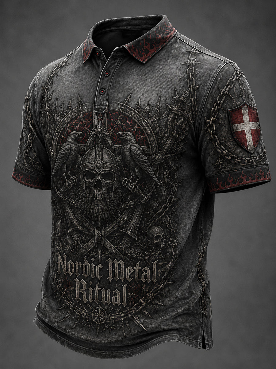 Mænds retro polo-shirt med kort ærme og metal-musikmotiv