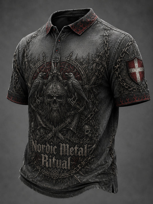 Mænds retro polo-shirt med kort ærme og metal-musikmotiv