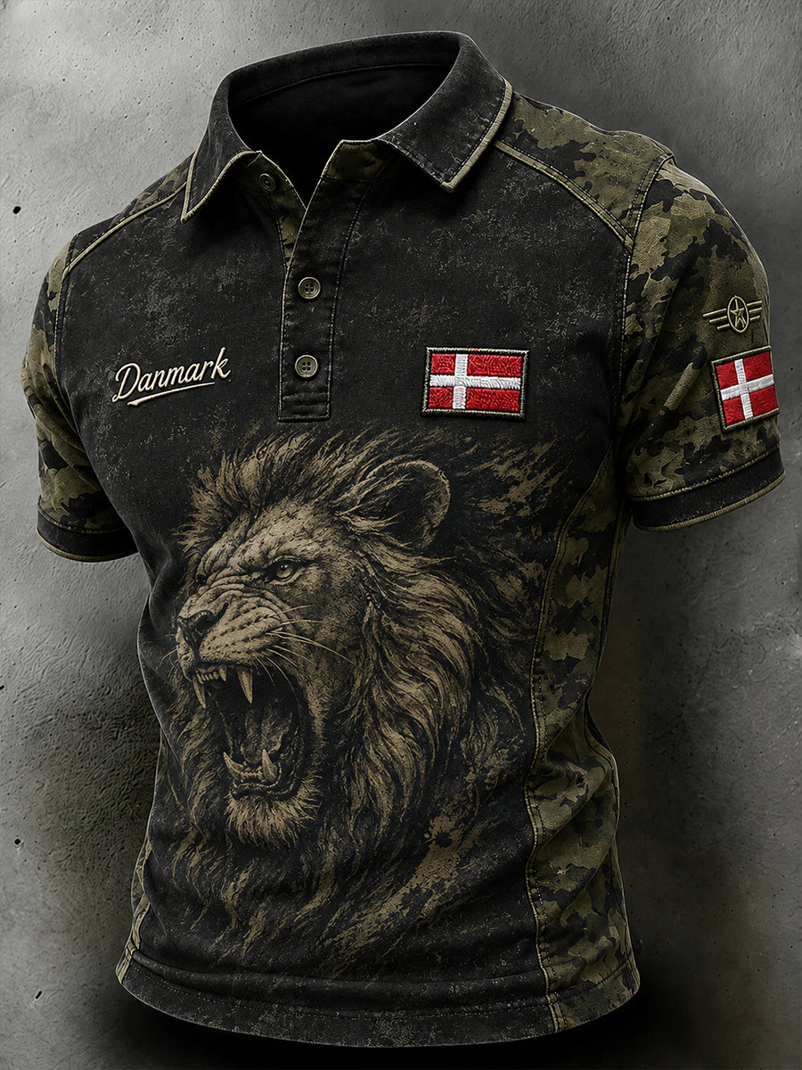 Mænds retro kamouflagetrykt poloshirt med korte ærmer