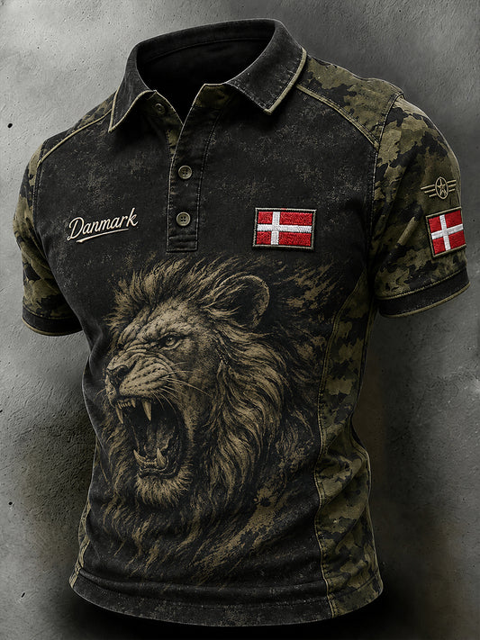 Mænds retro kamouflagetrykt poloshirt med korte ærmer