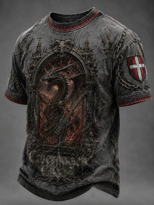 Mænds retro heavy metal-musikelement printet t-shirt med korte ærmer