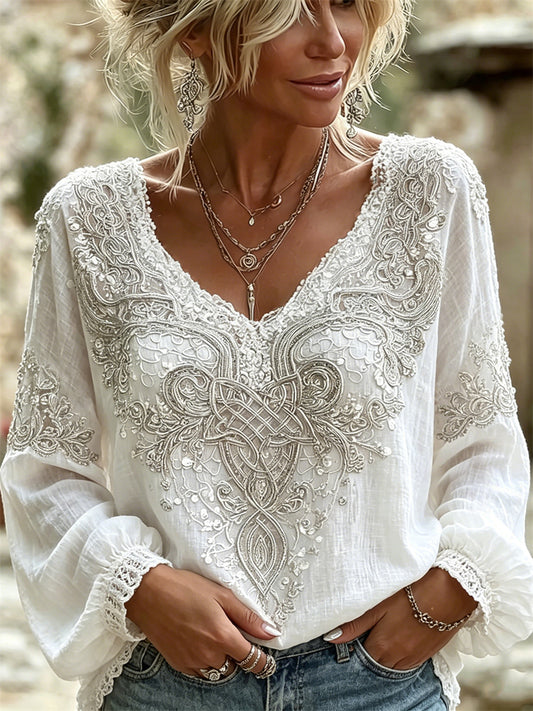 Kvinders klassiske Viking keltisk knob blomsterblomstrede blonder Print bomuld-Linen skjorte