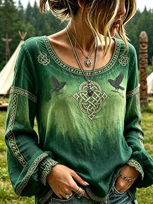 Dame-T-shirt med vikingemønster og print