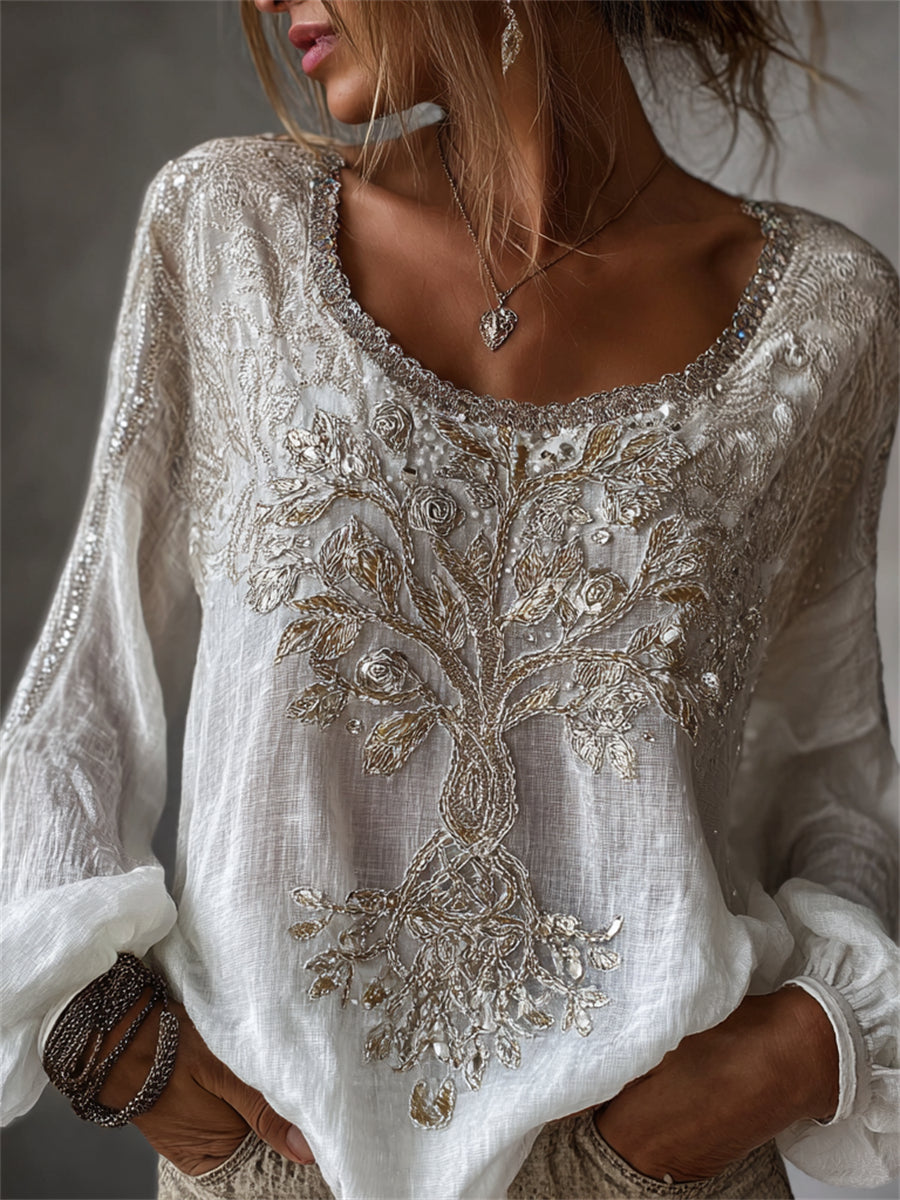Kvinders Vintage Viking træ af livet Glitter Blomster Print bomuld-Linen skjorte