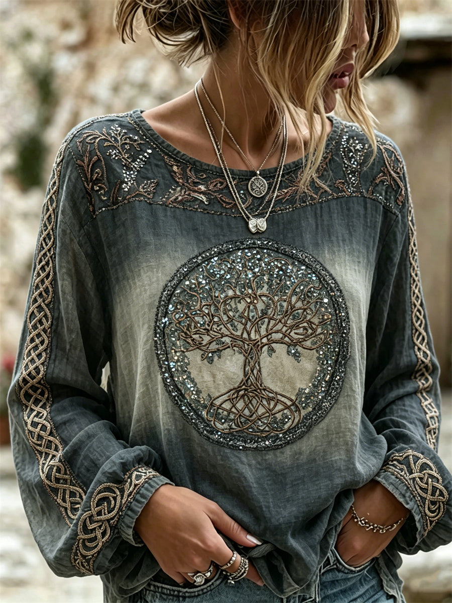 Kvinders Vintage Viking træ af liv keltisk knob gradient Print Cotton-Linen skjorte