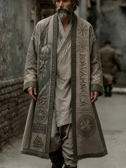 Mænds Retro Viking Print Casual Lang Trench Coa