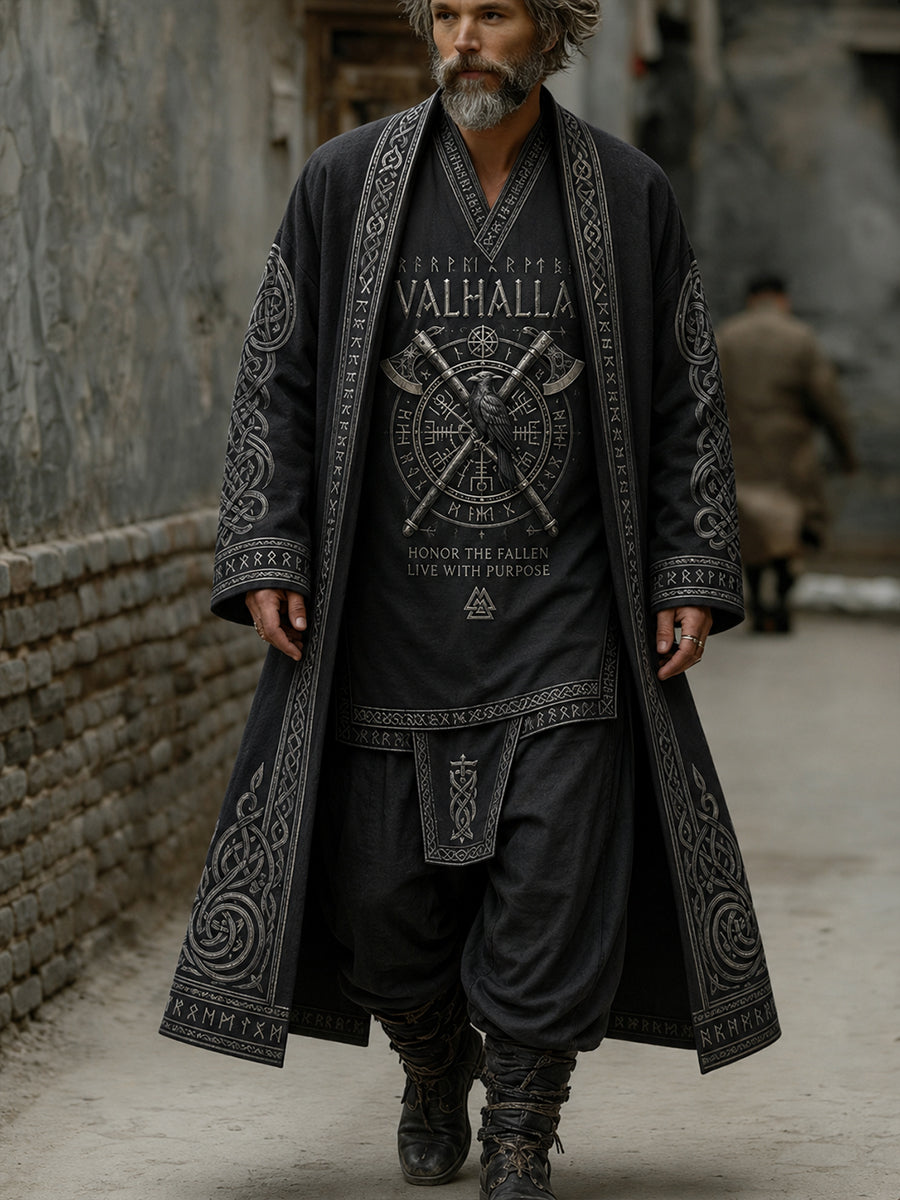 Mænds retro vikingetryk casual lang trenchcoat