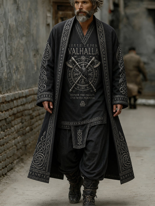 Mænds retro vikingetryk casual lang trenchcoat