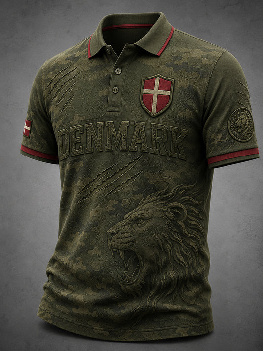 Mænds retro polo-skjorte med løve- og camouflageprint samt korte ærmer