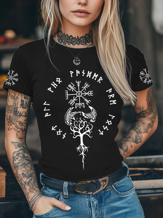 Kvinders vikingetidsinspirerede t-shirt med kort ærme og print